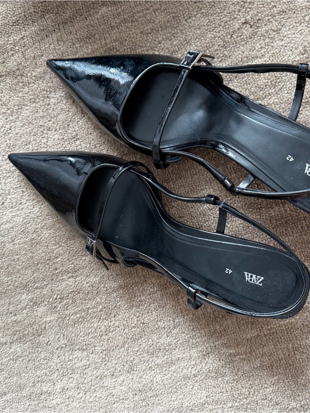 ZARA Black Patent Pointed Toe Strappy Heels with Thin Ankle Straps